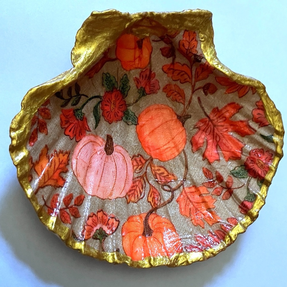 Handcrafted Shell Dish Fall Pumpkin Leaf Decoupage